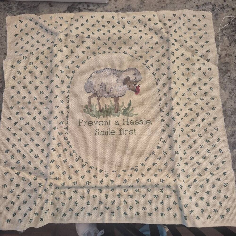 Cross Stitch, Vintage 1980 Lamb w ""prevent a hassle-smile first"" 15" x 15"
